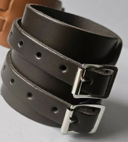 Leather Two Strap Wrist Band Brace Support - Gym Weight Lifting Wrap - Various Colours (Black)